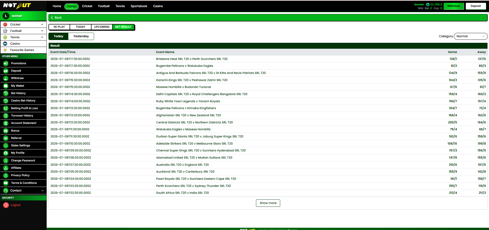 Bet result normal