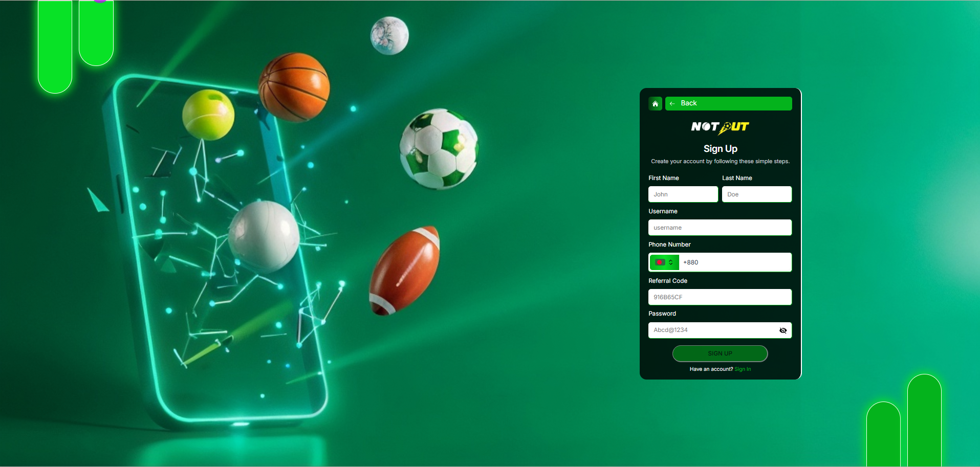 NOTOUT Sign Up / Registration screen