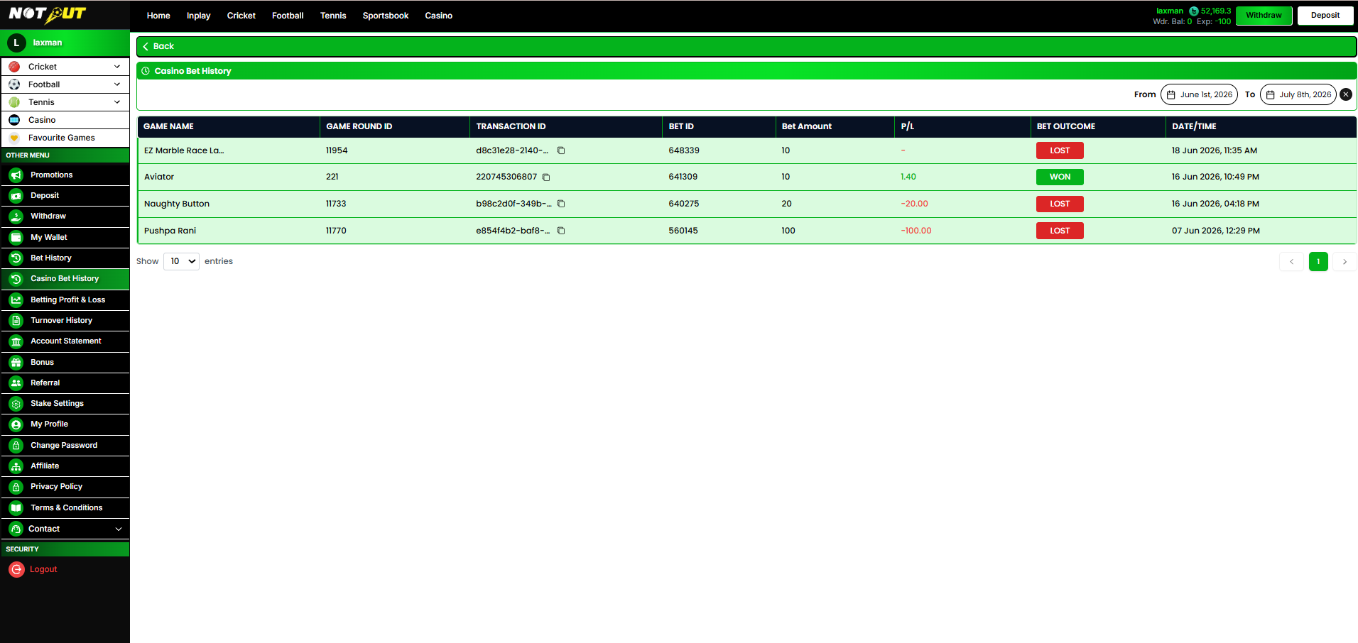 Casino bet history
